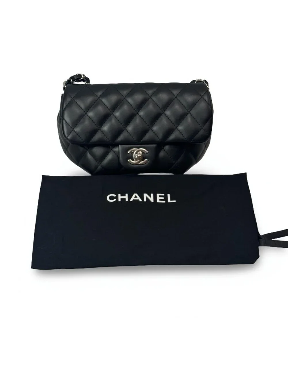 CHANEL Uniform Flap Bag Black Quilted Lambskin Silver CC Crossbody Belt Bag Conv